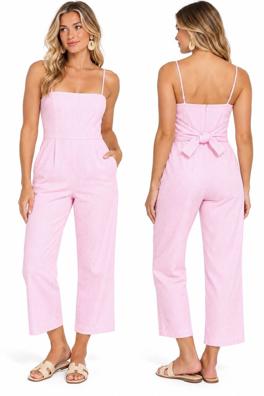 Vineyard Vines Pink Seersucker Tie Waist Cropped Jumpsuit Front or Back Bow 00